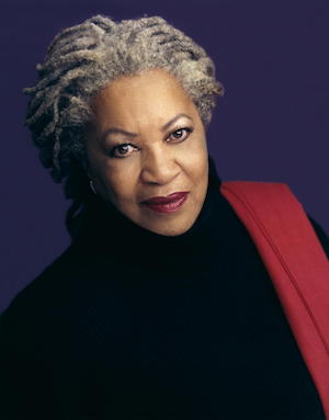 toni morrison in black sweater and red shawl,
