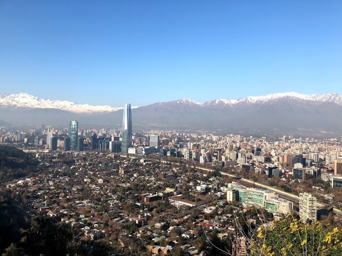 View of the city of Santiago, Chile and the Andes mountains from above