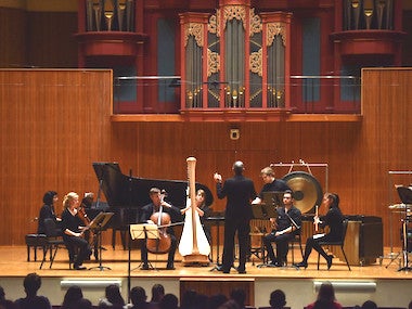 contemporary music ensemble in concert on stage. photo.