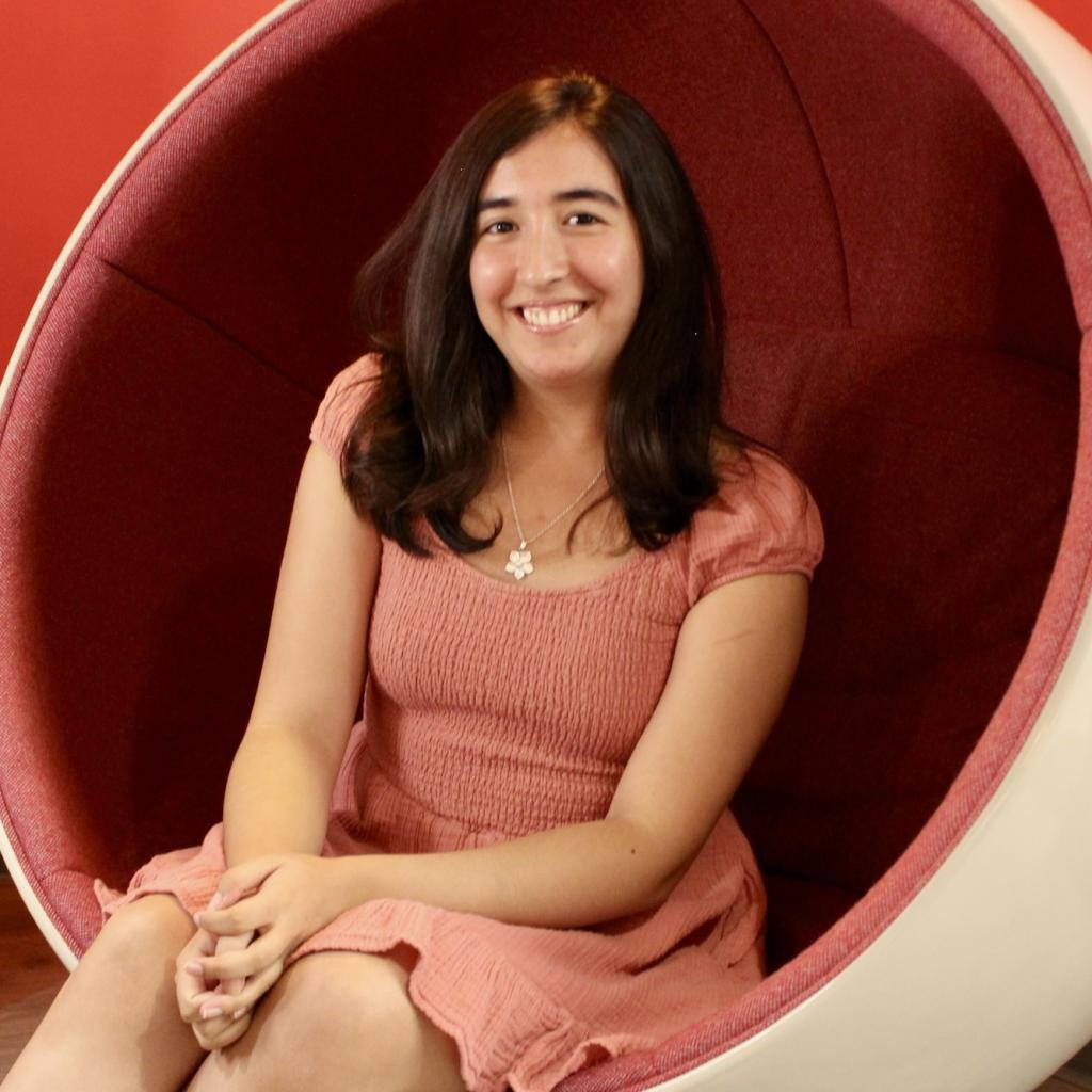 A female-identifying student in a pink dress with shoulder-length brown hair.