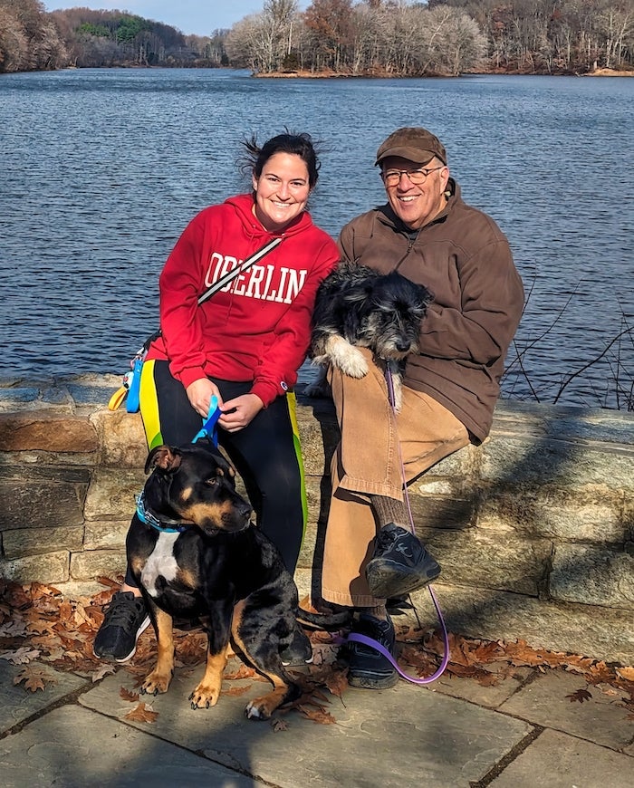 Bob Atlas ('75) and Melissa Atlas ('13) on their annual Thanksgiving hike with rescue dogs Mitzi and Romeo