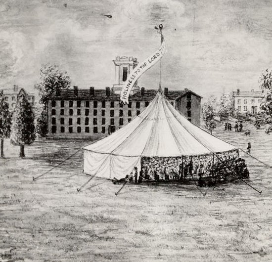 A drawn photo of a circular tent with crowds of people inside. The tent has a flag with the words "holiness to the lord" and is sitting in  what looks to be Tappan Square in front of the Carnegie building 