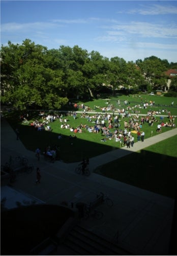 A view of wilder bowl from an upper floor of Mudd library. It is a sunny day and the grass is packed with lounging students
