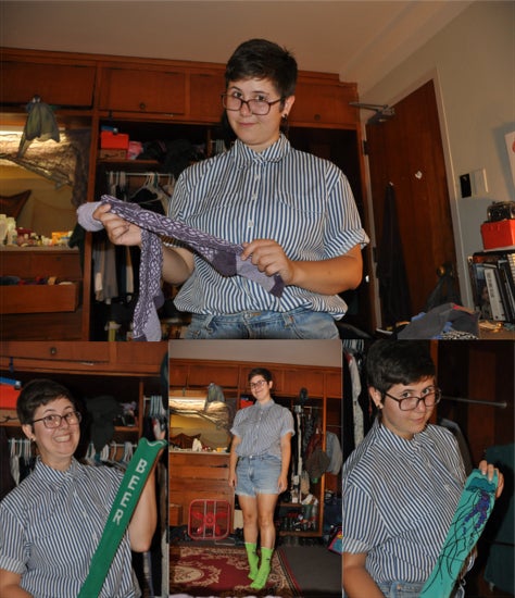 Multiple pictures of a student holding various long socks 