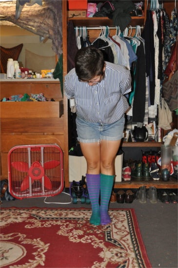 Student wearing long striped socks 