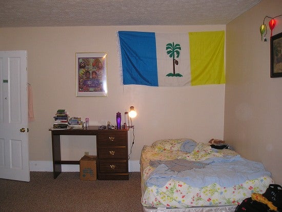 A bedroom with a bed, a flag, and a desk