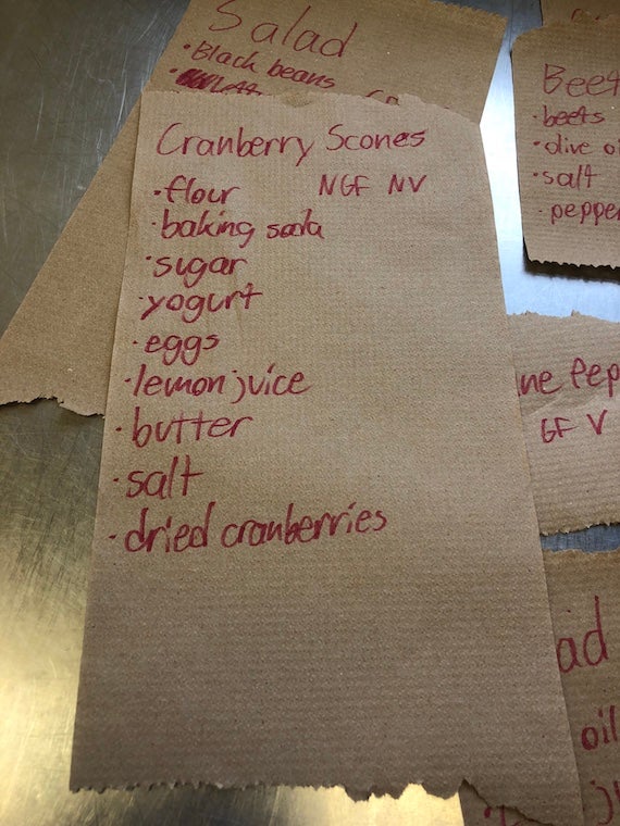 Paper towels with ingredients lists written on them
