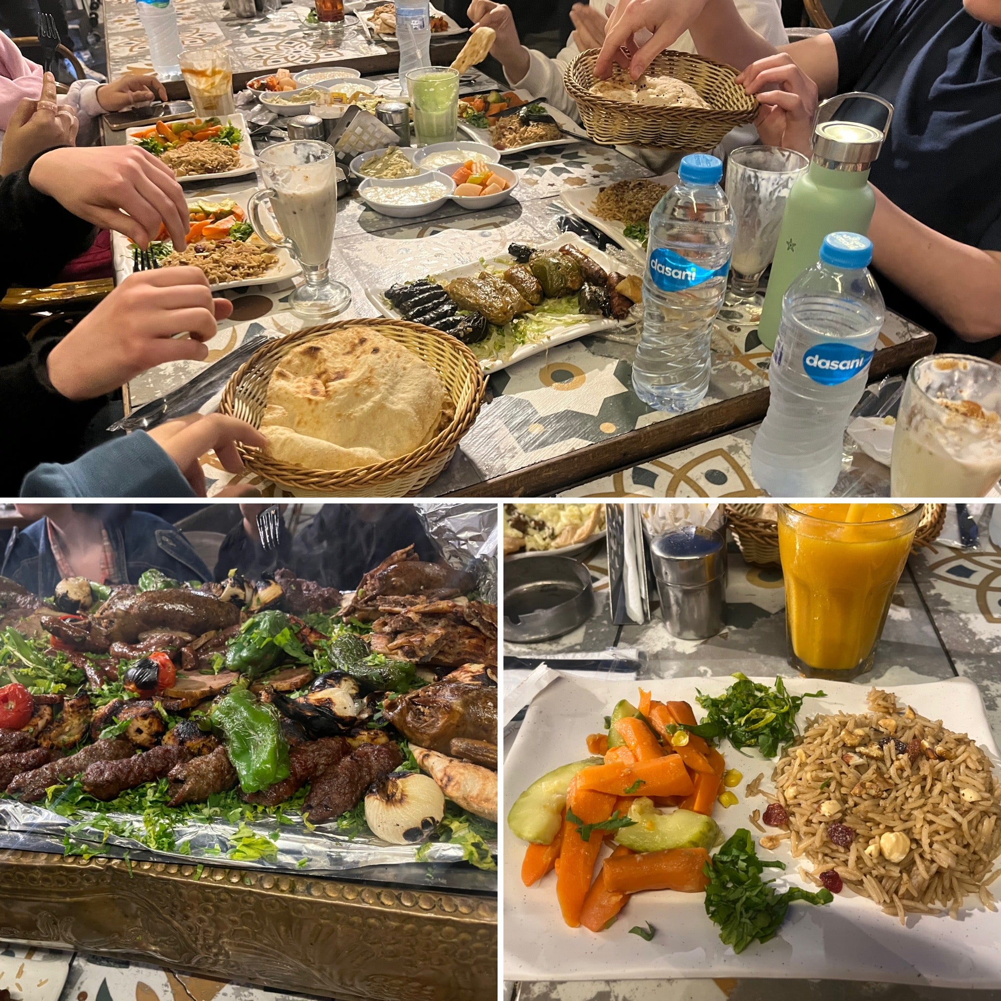 A big dinner of kofta, rice, and vegetables.