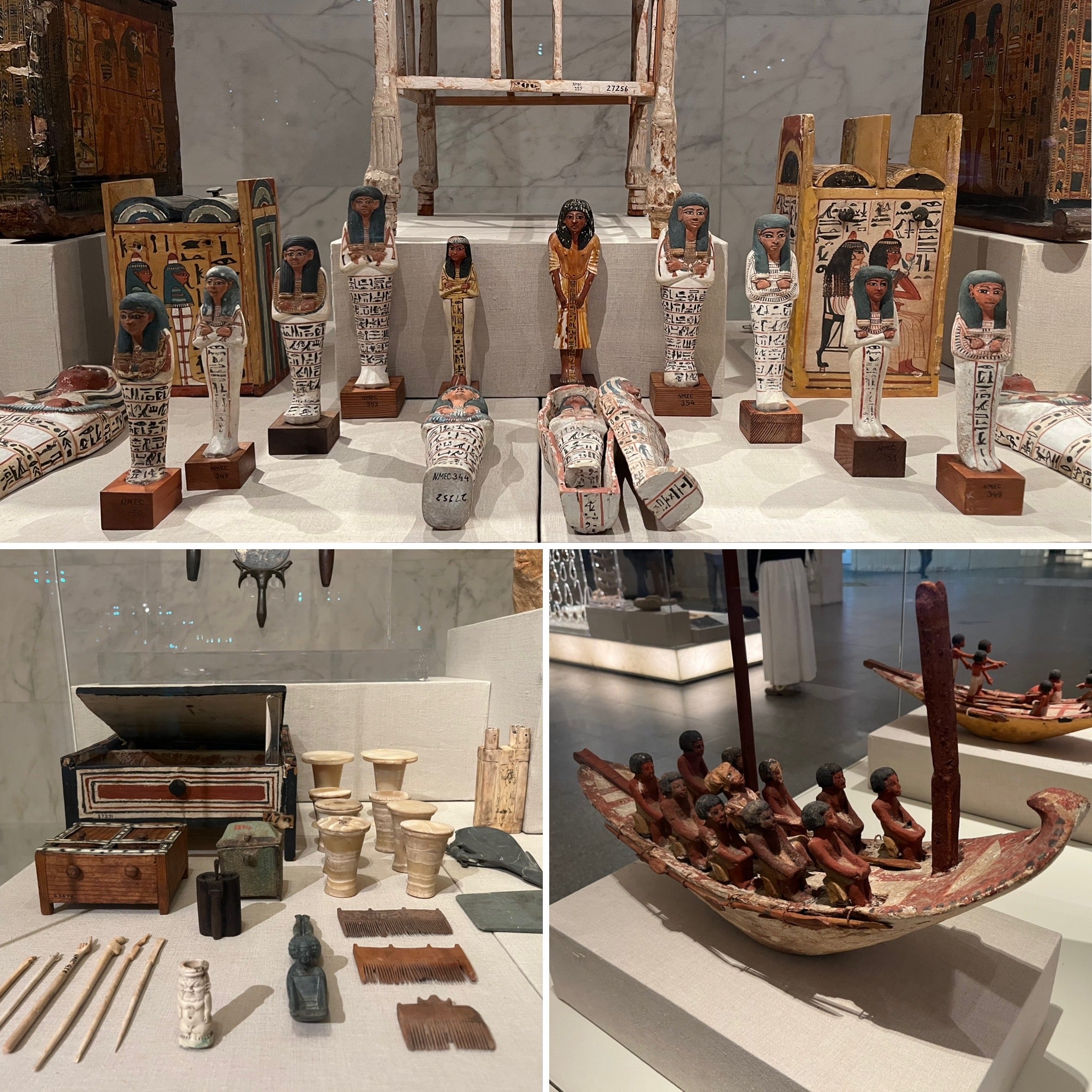 Collage of three photos from displays at the National Museum of Egyptian Civilization.