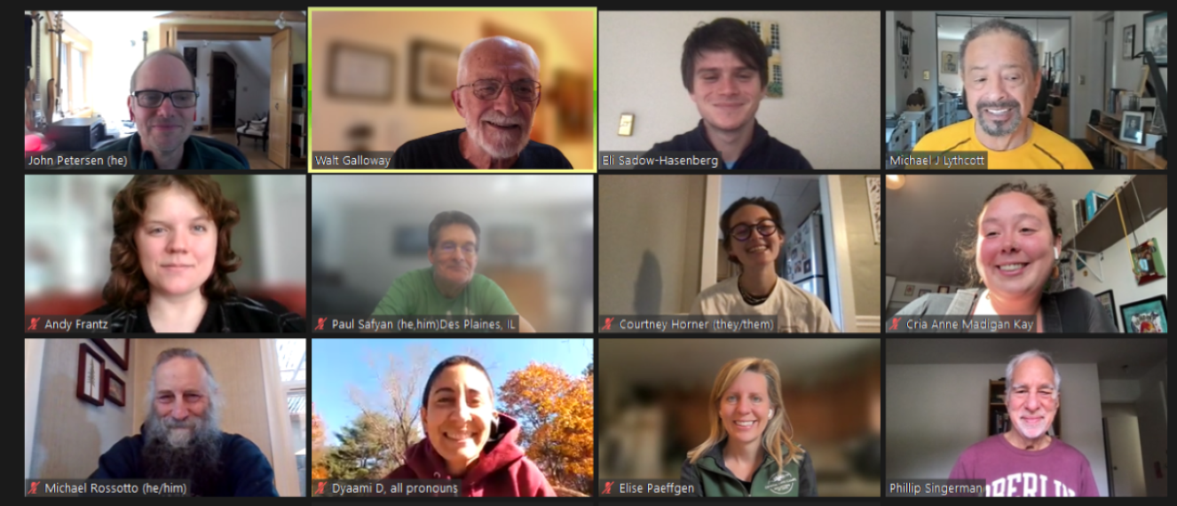 Faces of people on a computer screen in a virtual meeting.