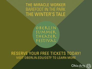 Oberlin Summer Theater Festival graphic lists The Miracle Worker, Barefoot in the Park, and The Winter's Tale.