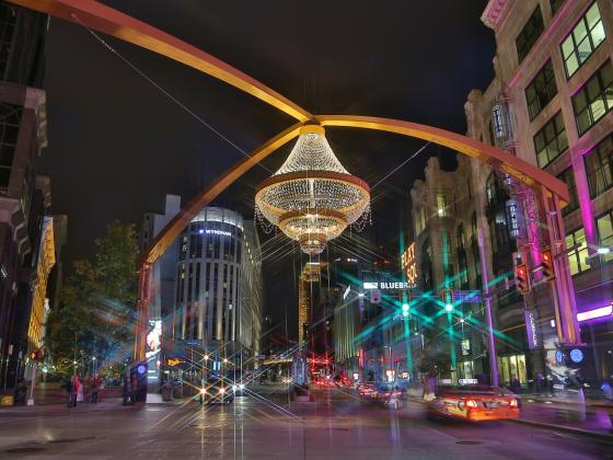 Cleveland's theater district at night, in a stylized photo.