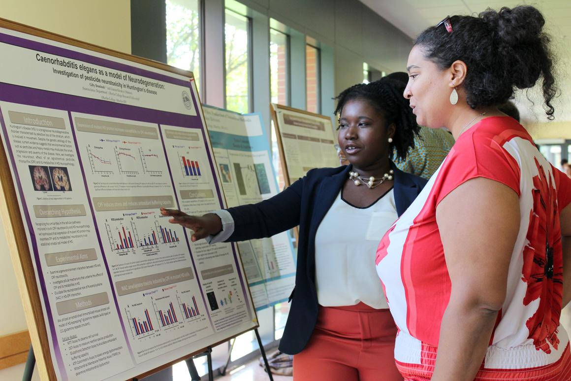 A student and professor look at a research poster together.