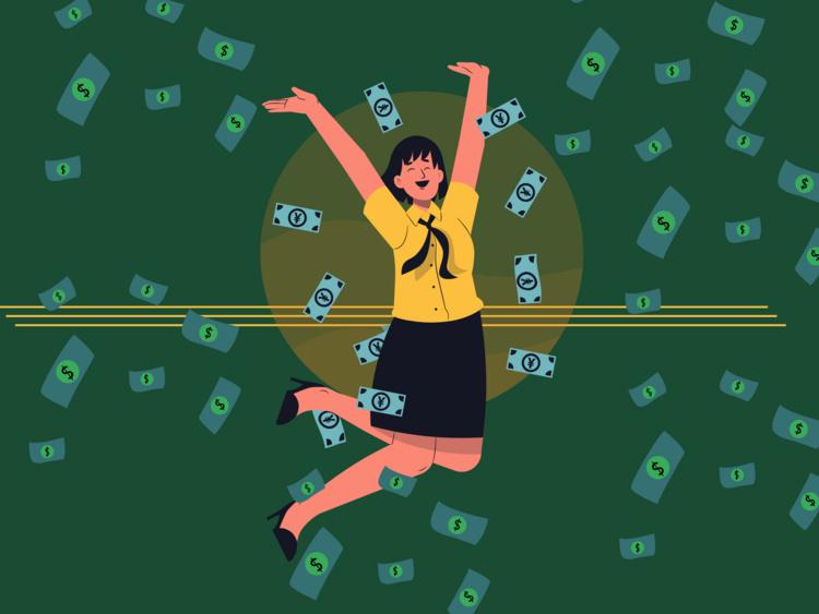 A young woman jumping with joy with cash around her.