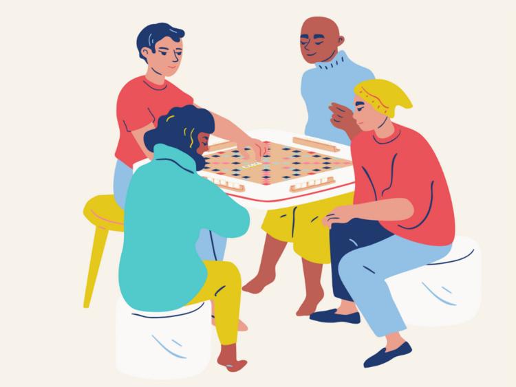 Illustration of students playing a board game