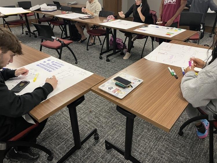 Students drawing on large pieces of paper while sitting at tables