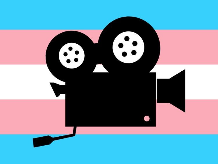 A camera on a background of a transgender pride flag