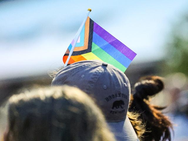 Progress pride flag waving above a crowd