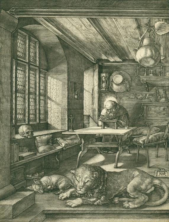 Engraving of a man at a desk in his office.