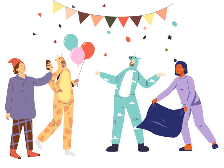 illustration of people in pajamas with party decorations