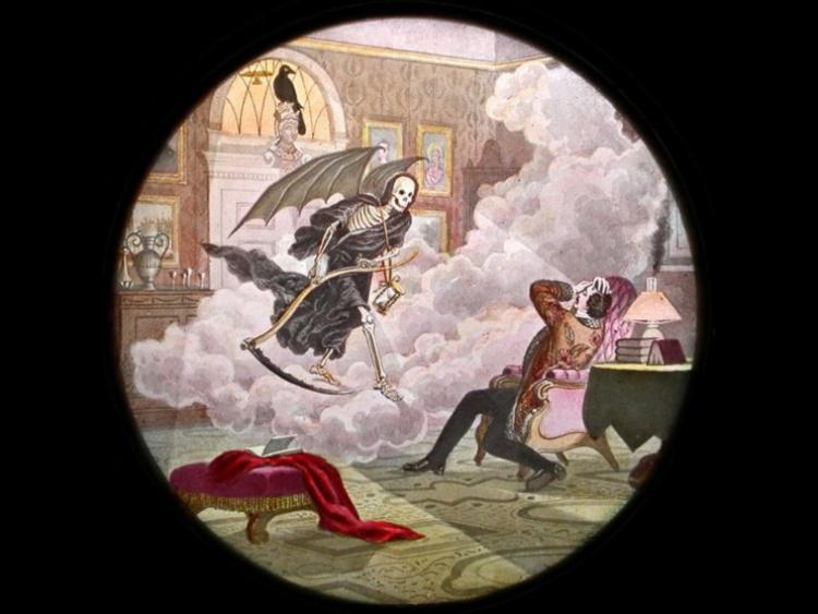 Illustration of Victorian magic lantern spectacle and horror theater