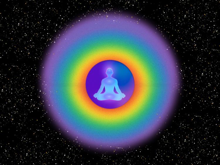 rainbow aura circle around logo of a person seated and meditating, floating in space