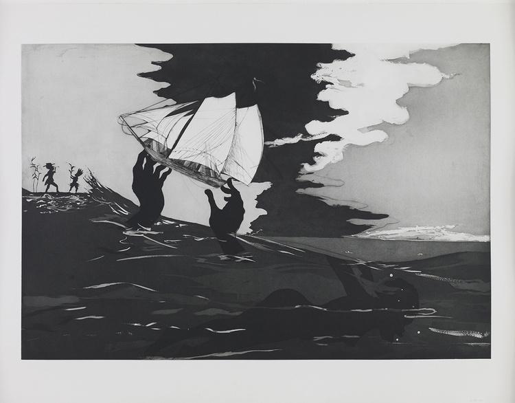 A greyscale etching of a sailboat being lifted out of the water by two hands, into a cloudy sky.