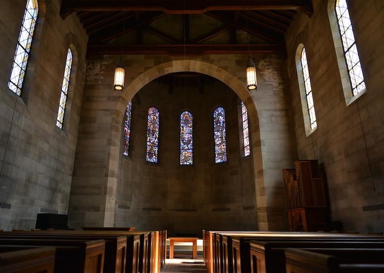 Inside a stone chapel