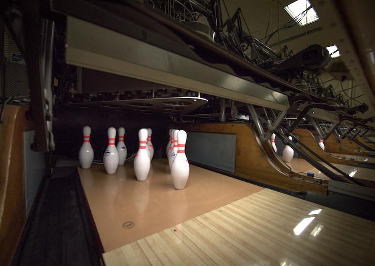 Pins on a bowling alley.