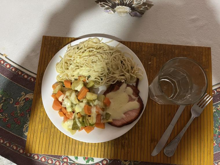 A meal of noodles, vegetables, and pork in a delicious cream sauce.