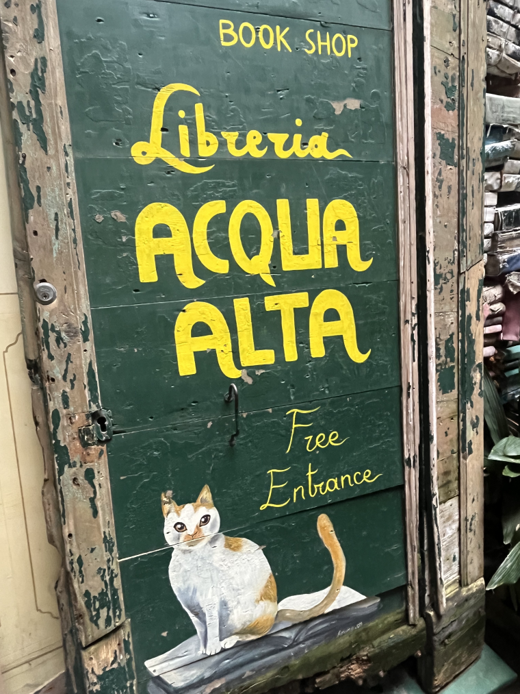 A green and yellow painted sign featuring a cat for the Libreria Acqua Alta. 